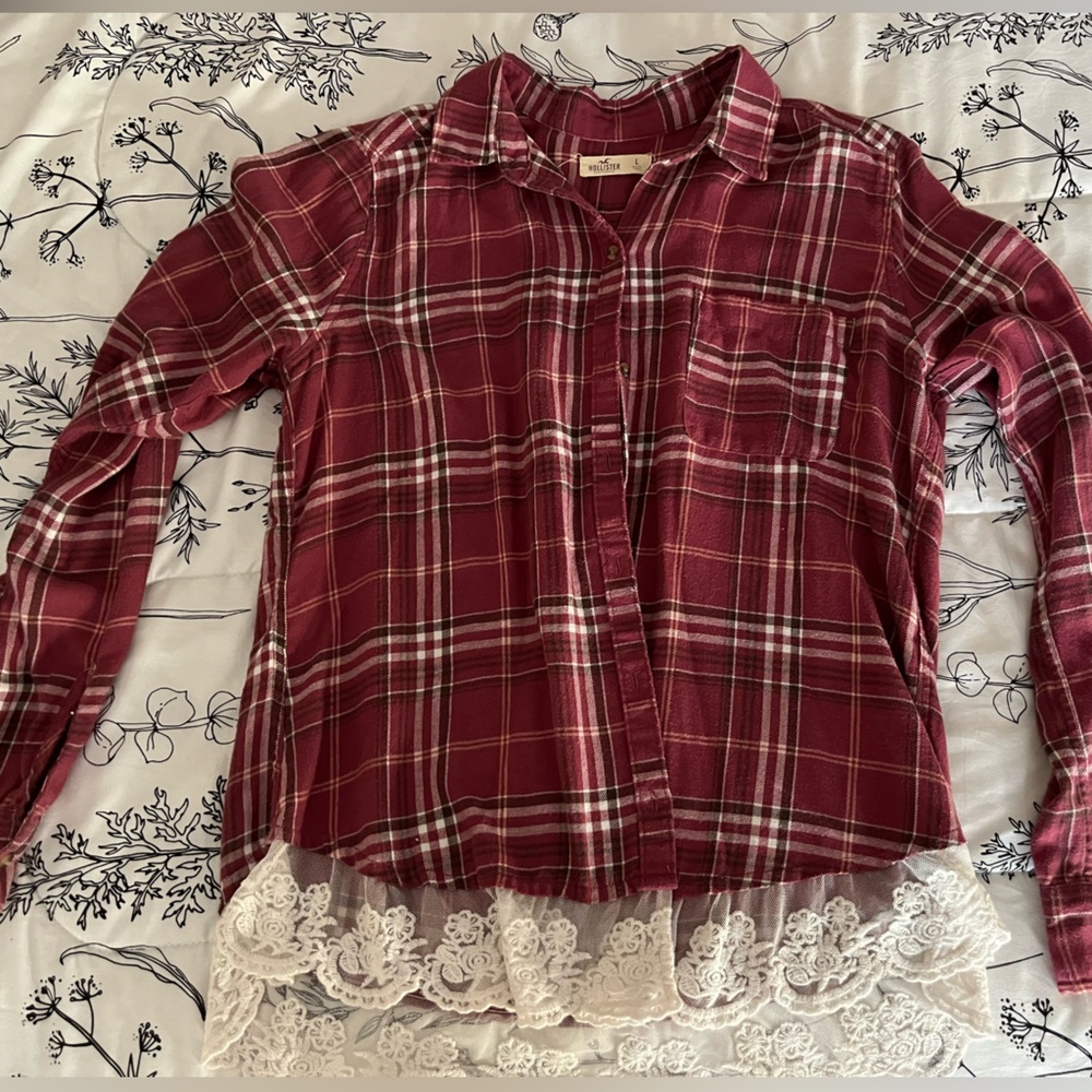 Hollister plaid flannel with white lace flowy bottom